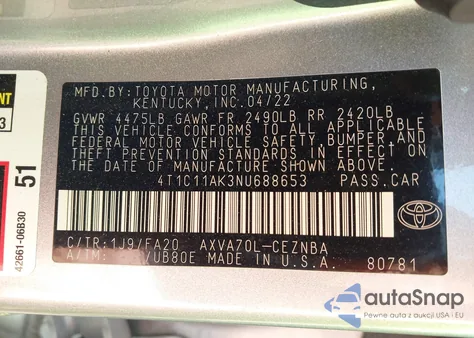 2022 Toyota Camry Le from USA, damaged, VIN 4T1C11AK3NU688653